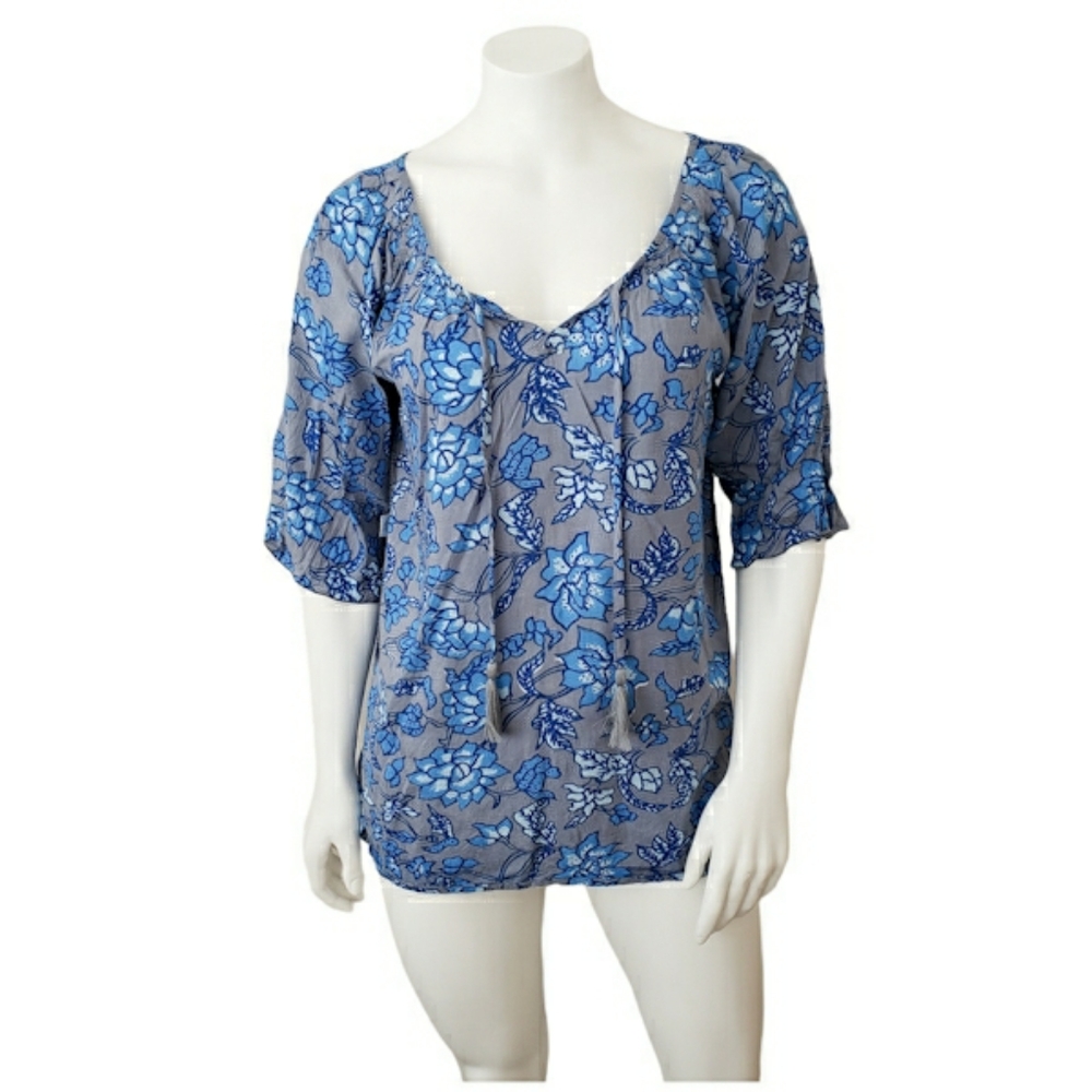 Blue Sky Fair Trade Blue & Grey Peasant Blouse